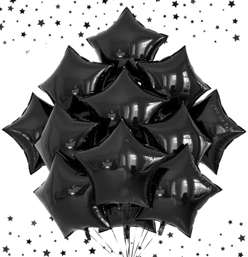Black Star Balloons Set - 20 Large Foil Star Balloons with Ribbon - Black Variation
