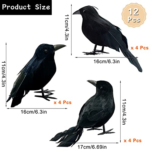 12 Pieces Halloween Black Feathered Crows Decor - Realistic Ravens for Indoor Outdoor Halloween Scene - 3 Styles