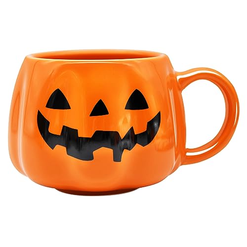 Halloween Pumpkin Mug - 13.5 OZ Orange Jack O Lantern Coffee Cup with Handle - Black Face Variation