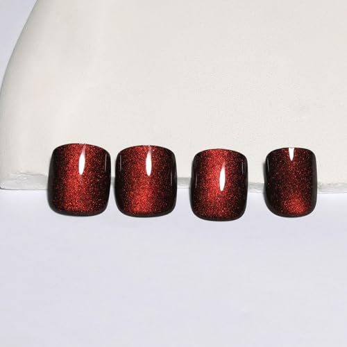 Short Wine Red Cat Eye Press On Nails with Color-Shifting Glow - M05 Crimson Spell