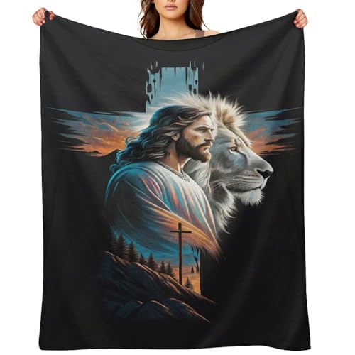 Jesus and the Lion Throw Blanket 40x50 Inch - Cross Art Design, Soft Eco-Friendly Fleece