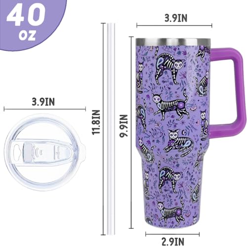 Purple Skull Cat Tumbler 40oz Insulated Travel Mug with Handle & Straw Gothic Gift