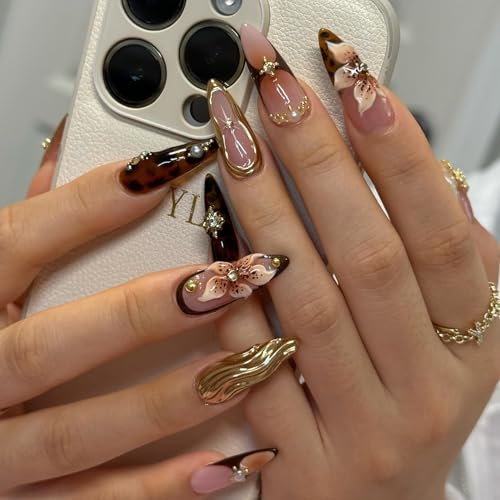 Press On Nails Long Fall Gift for Women - Flower & Swirl Design - Almond Shape