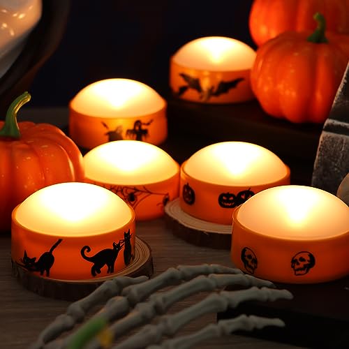 Halloween LED Pumpkin Lights with Remote Control - 12 Pack Orange with Decals