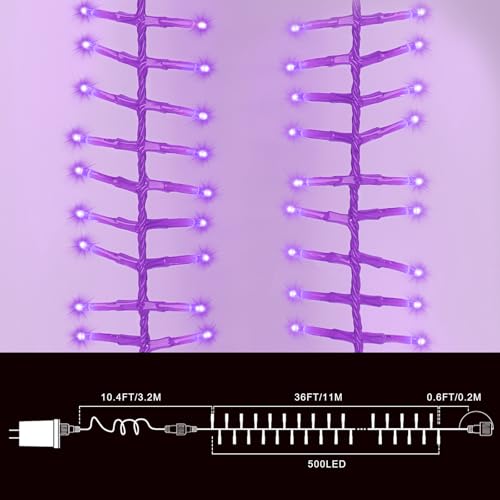 Purple Halloween String Lights - 36FT 500 LED Cluster Lights with 16 Modes, Indoor Outdoor Decor