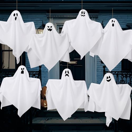 Halloween Flying Ghost Decorations Set - 7 Outdoor Hanging White Ghosts, 19.6 Inches