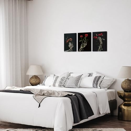 Skull Wall Art Decor Set - Black and Grey Halloween Pictures for Bedroom Living Room