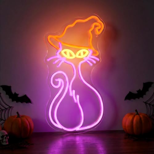Witch Cat Neon Sign Wall Decor - 15.75x10.08 Inch LED Halloween Light with Dimmer