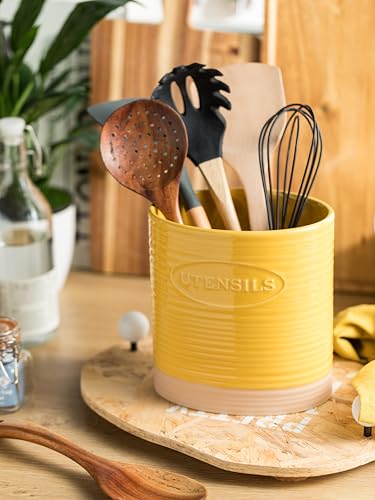 Ceramic Kitchen Utensil Holder with Yellow & Clay Finish - 6.7 Inches, Organize Countertop