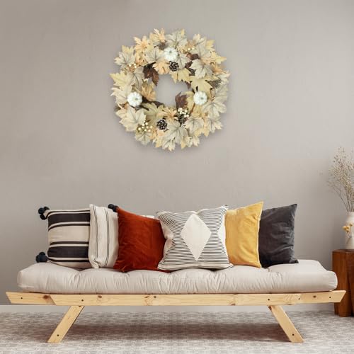 Beige Fall Wreath with Lights - 22-inch Autumn Door Decor with Pumpkins, Berries & Pine Cones