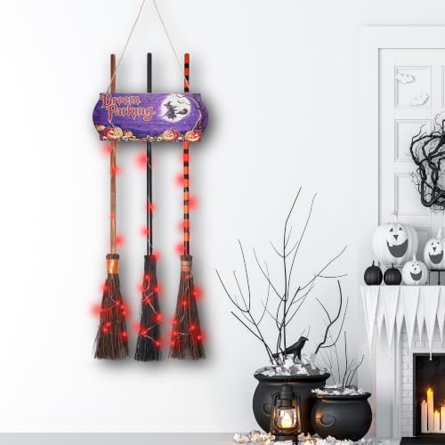 Halloween Wall Decor Broom Parking Sign with 3 Witch Brooms - Spooky Outdoor Indoor Halloween Decoration