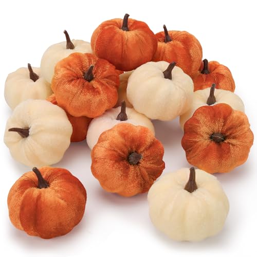 16 Pcs Faux Velvet Pumpkin Fall Decor - Small Artificial Autumn Pumpkins