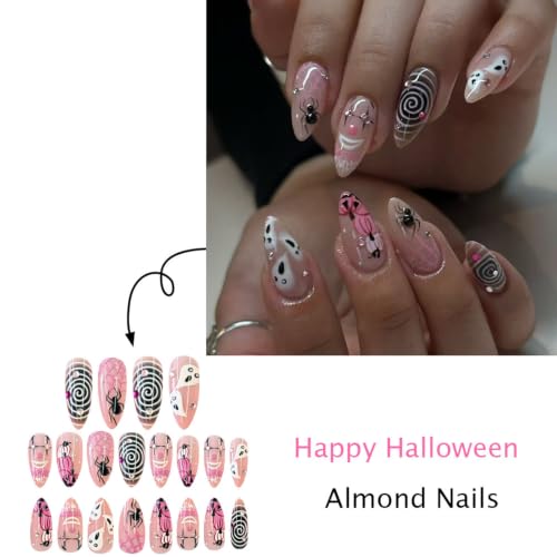 Halloween Press On Nails Almond Medium Clown Spider Web Ghost Pumpkin Designs Pink White Black Glue-On Nails - 24 Pcs