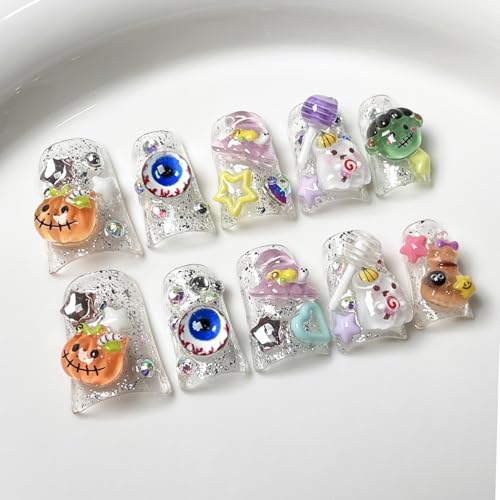 Halloween Short Press On Nails with 3D Ghost & Pumpkin Designs – Variation D-158 / M