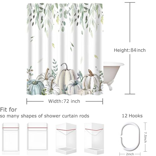 Pumpkins Fall Leaves Shower Curtain - Farmhouse Autumn Botanical Bathroom Decor - 72x84 Inch, Waterproof Fabric, Pack of 1