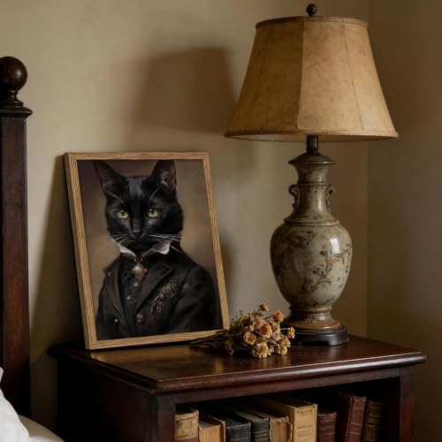 Black Cat Wall Art Canvas - Framed Gothic Bathroom Decor, 16x12 Inch, Halloween & Dark Academia Gift