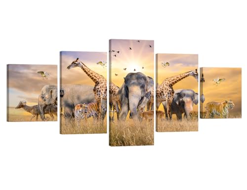 Animal Wildlife Conservation Canvas Wall Art - 5 Piece Framed Set - Variation Animal-9 32x60 Inch