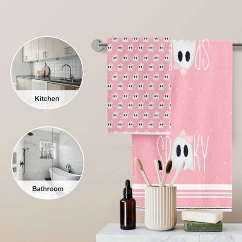Halloween Ghost Kitchen Towels Set of 2 - Pink Stripes, 18x26 Inch Dish Cloths, Variation C