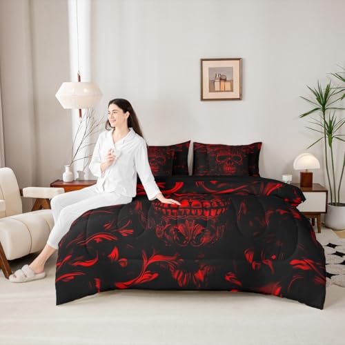 Red Black Gothic Queen Comforter Set with Sheets - 7 Piece Bedding