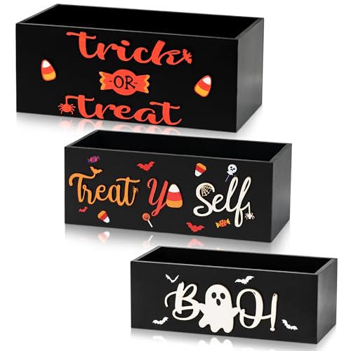 Halloween Wooden Candy Bowl Set - 3 Decorative Trick or Treat Snack Holders