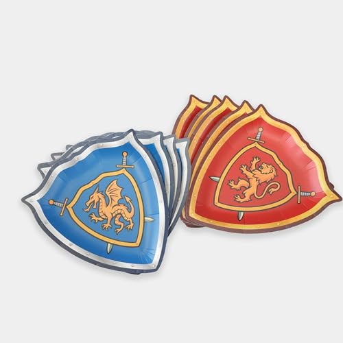 Medieval Knight and Dragon Paper Plates - 48 Pcs Shield-Shaped Tableware for Fantasy & Castle Theme Parties