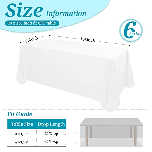 White Polyester Tablecloths 90x156 inch Pack of 6 for 8ft Tables - Wedding & Party Use