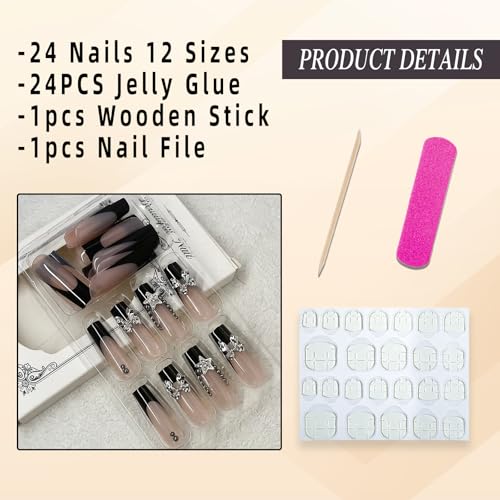 Long Square French Tip Press On Nails with 3D Bow Charms & Rhinestones - Nude Pink, Glossy Silver Star - 24 Pieces