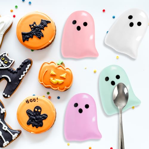Halloween Ghost Ceramic Spoon Rests Set - White Pink Purple Blue, 4 Pcs Mini Coffee Spoon Holders with Expressions