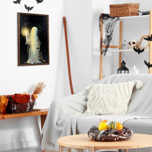 Halloween Wall Art Ghost Holding Candle Wooden Decor - Spooky Wall Hanging