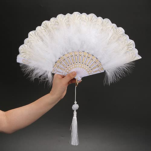Vintage Style Folding Feather Hand Fan with Embroidered White Detailing - 1920s Flapper Accessory