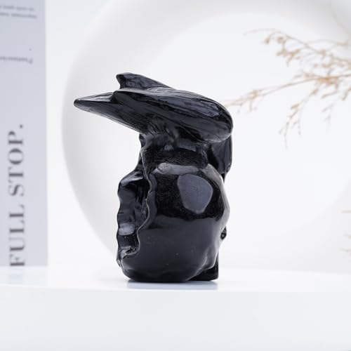 Obsidian Crystal Skull & Crow Hand Carved Statue - 3 Inch Reiki Healing Decor