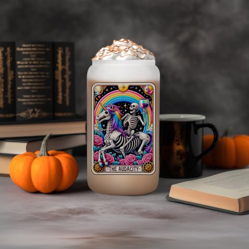 16oz Frosted Glass Coffee Cup with Lid & Straw - Cute Gothic Skeleton Design
