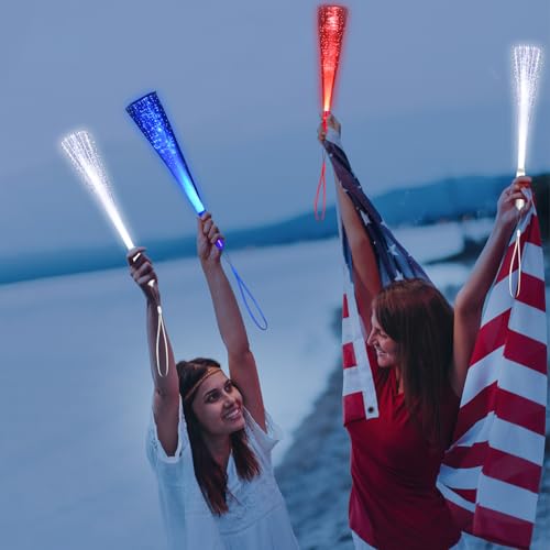 July 4th Glow Fiber Wands - 48 Pack Red Blue White LED Light Sticks with 3 Modes