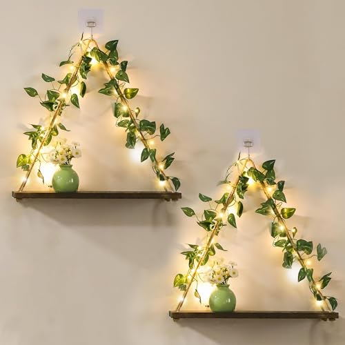 Floating Plant Shelves with Lights - Green Leaf Style, 2-Piece Set