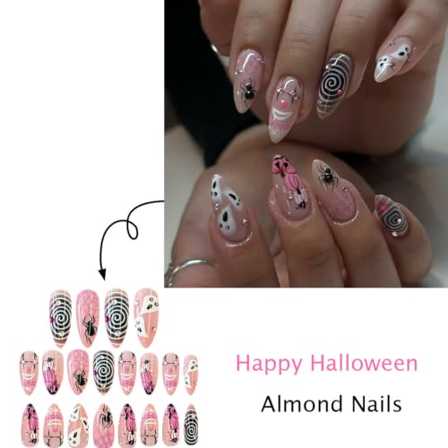 Halloween Press On Nails with Clown Ghost Rhinestones & Spider Web Design - Pink & Purple, 24Pcs