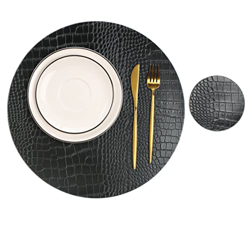 Round Leather Placemats Set of 4 - Black with Coasters, 13" Diameter, Waterproof & Washable - Variation: H Black