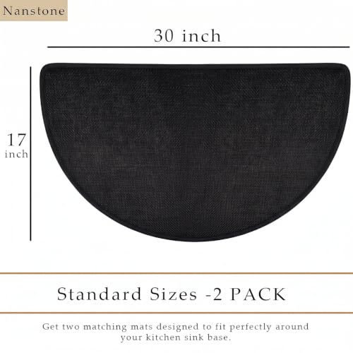 Nanstone Black Half Circle Kitchen Rugs Set of 2 - 17x30 Inches, Non-Slip, Durable