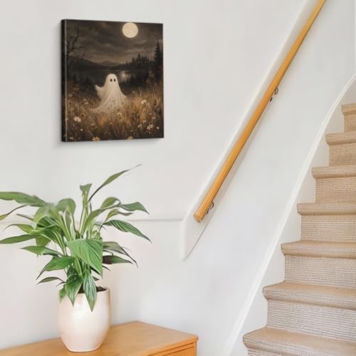 Halloween Ghost Wall Art Canvas - Foggy Meadow Scene, 8x10 Inches