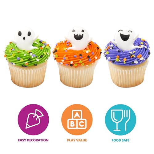 Halloween Ghost Cupcake Toppers - 24 Spooky Plastic Cake Rings for Treats