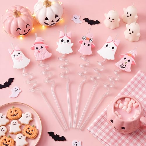 24 Pcs Pastel Ghost Halloween Reusable Glitter Drinking Straws - Cute Party Supplies