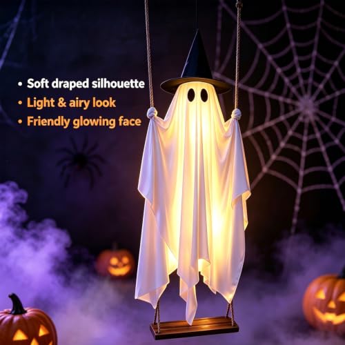 Adjustable Hanging Ghost Decorations with LED Lights for Outdoor Halloween Yard