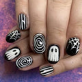 Halloween Ghost Press on Nails Short Square Fake Nails with Black White Ghost Spider Web Swirl Design - Design H2