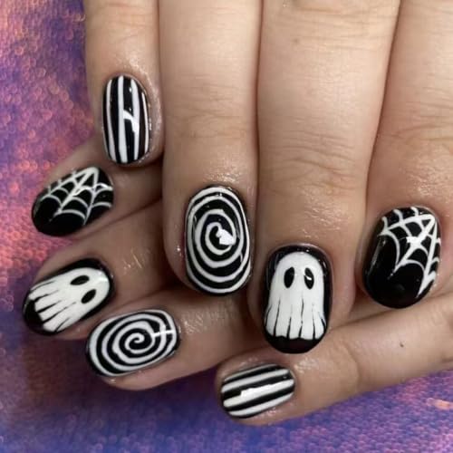Halloween Ghost Press on Nails Short Square Fake Nails with Black White Ghost Spider Web Swirl Design - Design H2