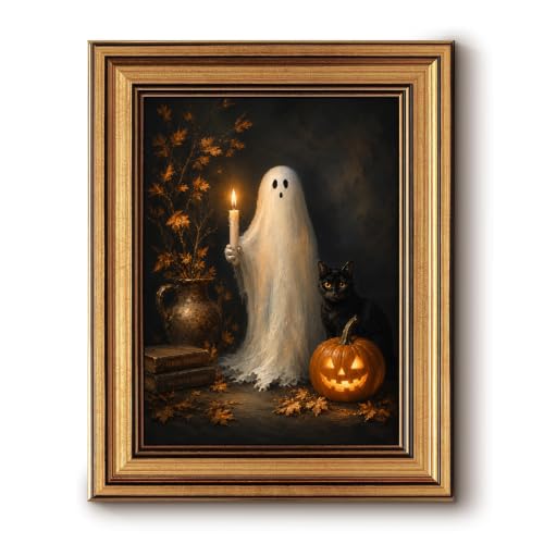 Halloween Ghost Wall Art with Black Cat - Gold Framed Canvas Decor - Variation of Ghost Holding Candle