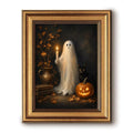 Halloween Ghost Wall Art with Black Cat - Gold Framed Canvas Decor - Variation of Ghost Holding Candle
