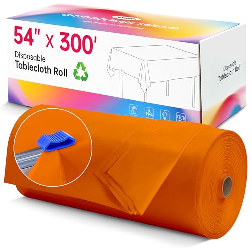 Orange Disposable Plastic Table Cover Roll - 54 Inch x 3600 Inch Waterproof Party Tablecloth with Cutter