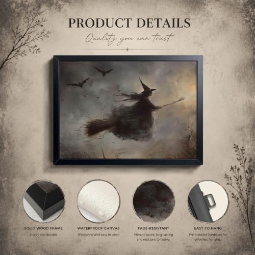 Halloween Wall Art - Framed Witch Riding Broom Canvas Decor 8x10 Inch Variation C