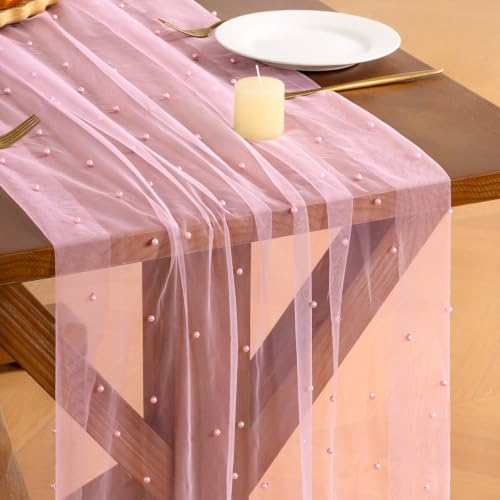 Pink Pearl & Tulle Table Runner 10FT for Fall & Weddings - Santaben