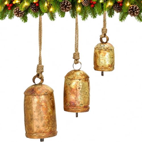 Rustic Brass Decorative Cow Bells Set of 3 - Christmas & Holiday Decor