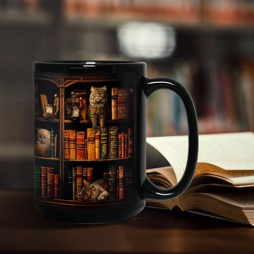 Cat Book Mug - Book Lover Gift, 15oz Coffee Cup for Readers & Cat Enthusiasts